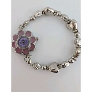 Swap Watch Purple Flower Women 27mm Case Silver Stretch Band- New Battery
